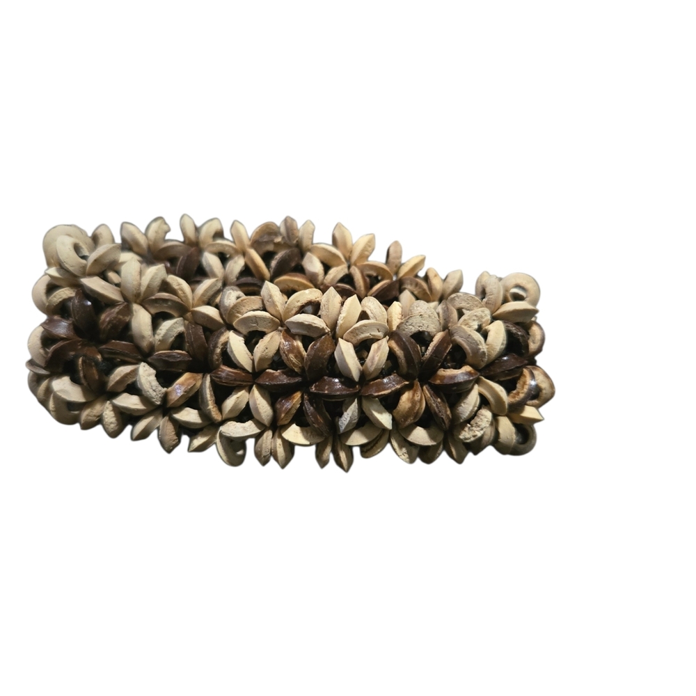 Bohemian-style wooden beaded stretch bracelet. 